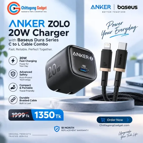Anker Zolo 20W Charger with Baseus Dura Lightning Cable Combo
